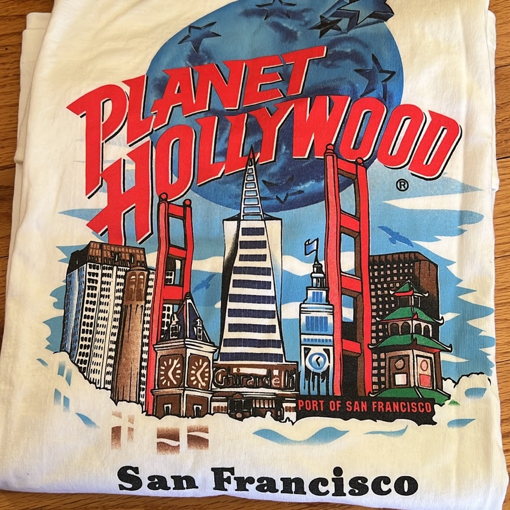 1991 VINTAGE Planet Hollywood White cotton  T-Shirt San Francisco logo Large